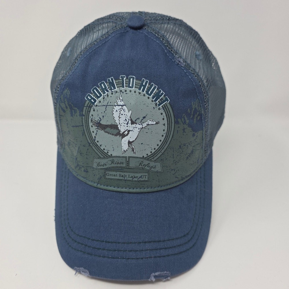 Unbranded Trucker Hat Born To Hunt Bear River Refuge Cotton Mesh Blue Distressed